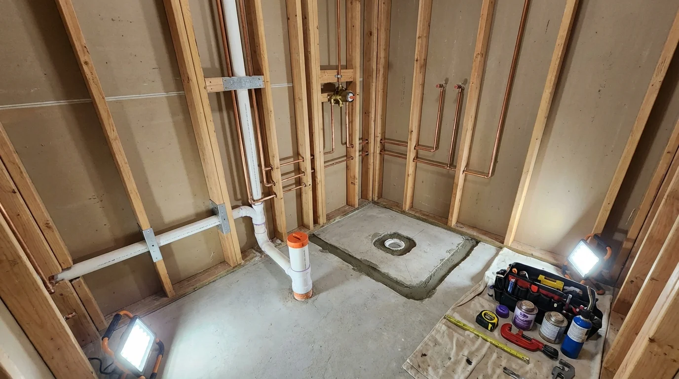 Bathroom rough-in plumbing during remodel by Johns Plumbing LLC in Windsor Locks