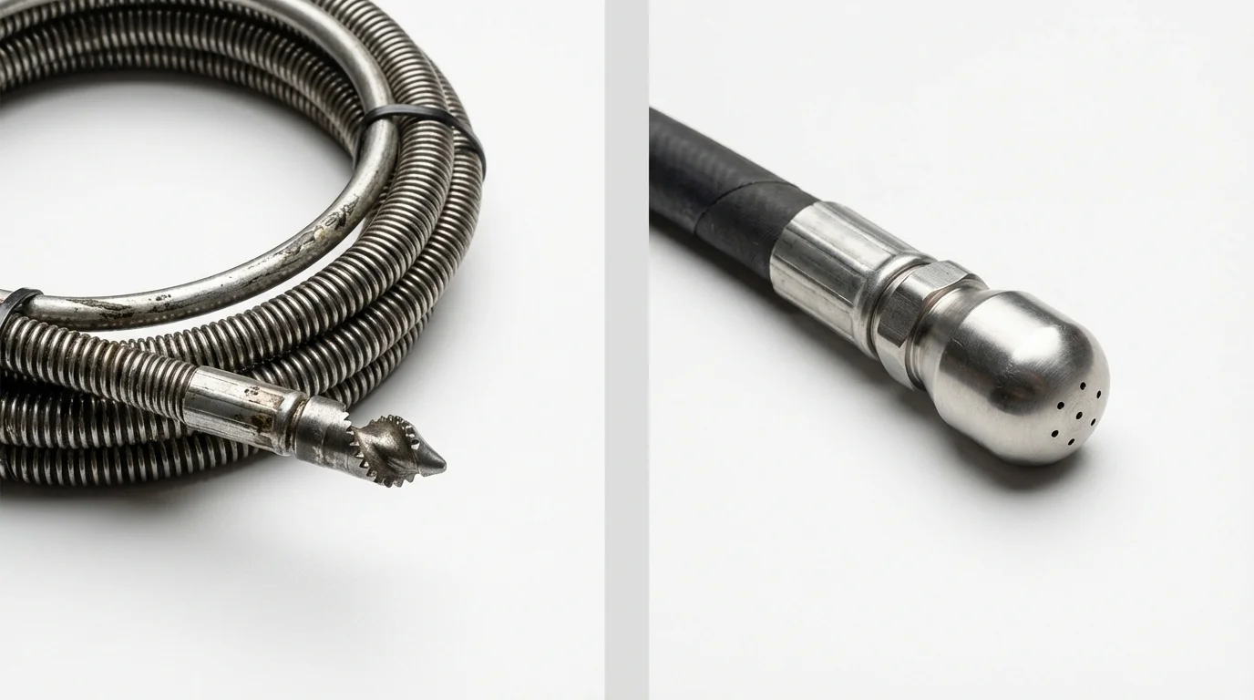 Drain snake cable and hydro jetting nozzle used for drain cleaning in Windsor Locks, CT