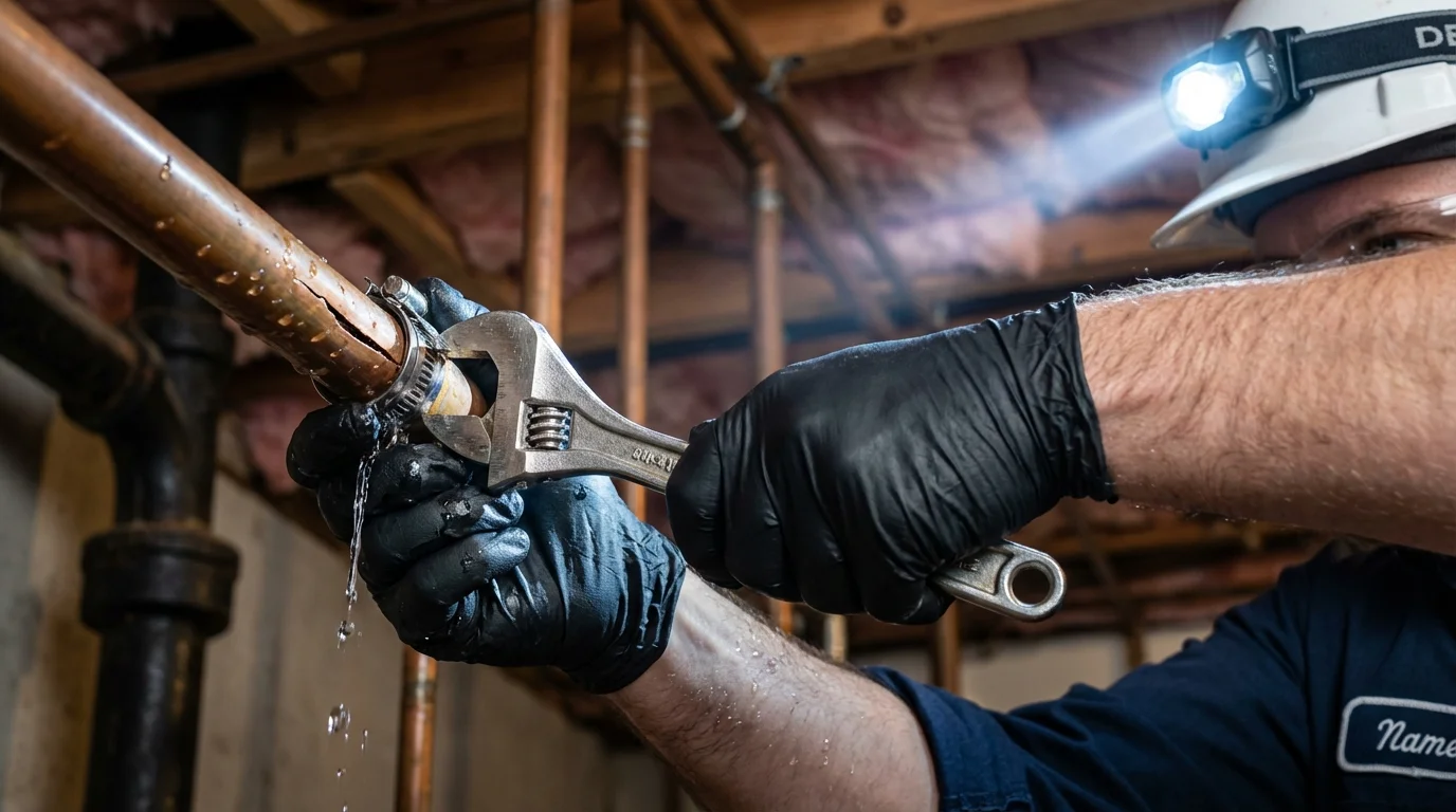 Emergency pipe clamp repair being performed by a Johns Plumbing LLC plumber in Windsor Locks