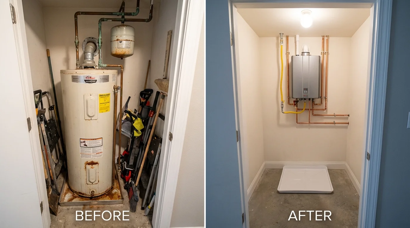 Tank water heater versus wall-mounted tankless unit comparison for Windsor Locks, CT homeowners