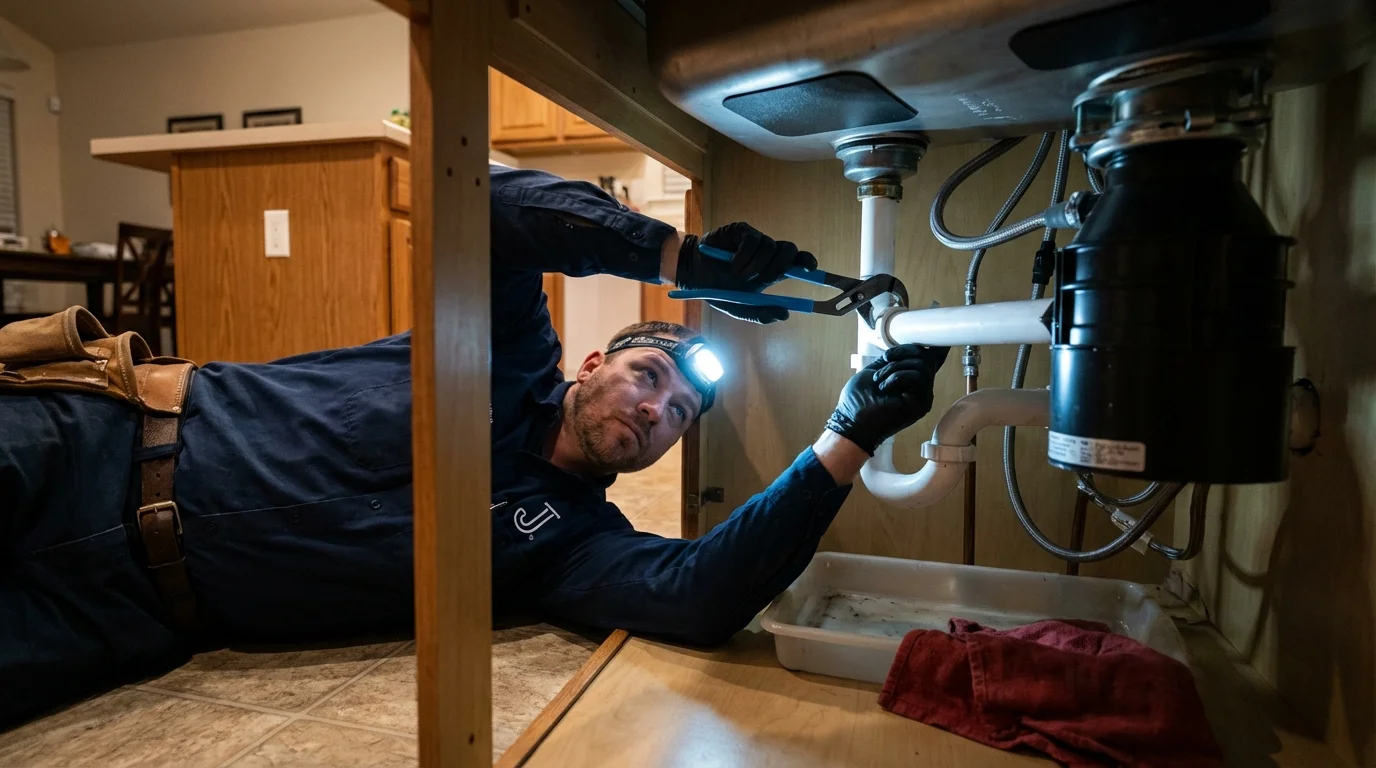 P-trap and supply line connections under a kitchen sink showing a common leak point in Windsor Locks, CT